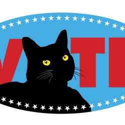 VOTE in red letters with black cat head as "o", on light blue background.